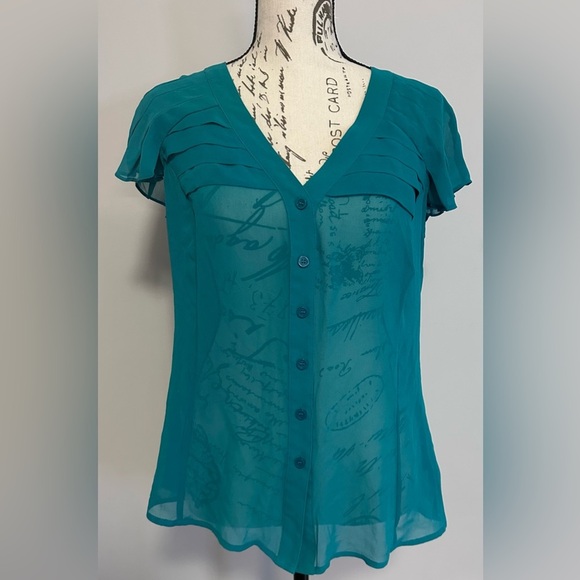 💎💎 East 5th Sheer Blouse - Emerald Green, Short Sleeve V-Neck 💎💎 - Picture 1 of 9